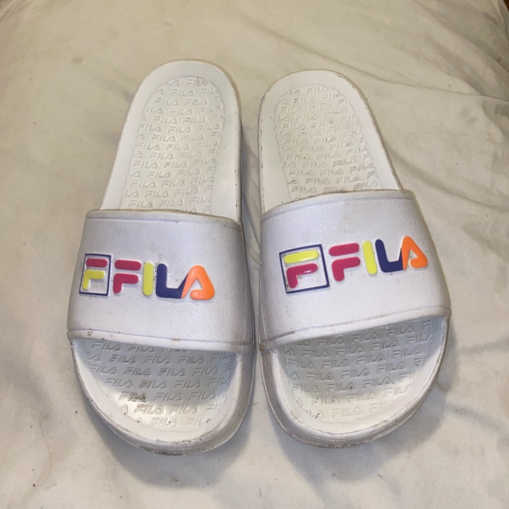 White FILA slides. Size 7.